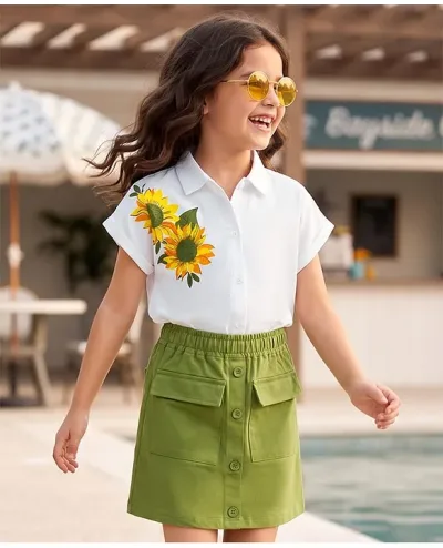 Sinker Knit Half Sleeves Top & Skirt Set With Floral Print - White & Olive Green